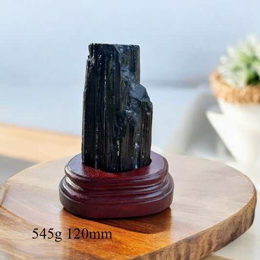 Black Tourmaline Raw with wooden stand (Large) Brazil AAA grade