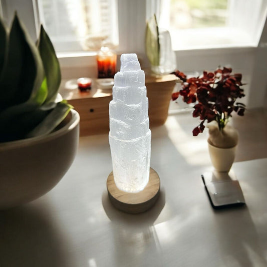 Selenite Tower with Lamp Base (15 cm)