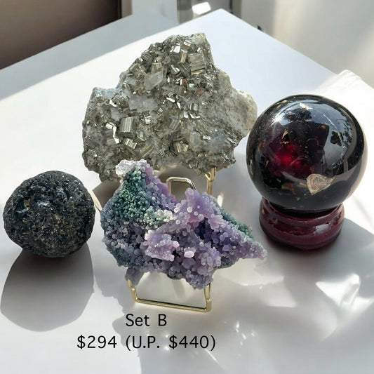 Manifestation Crystal Set (Blue Amber Sphere, Pyrite in Quartz, Grape Agate & Free Agni Manitite Clamshell)