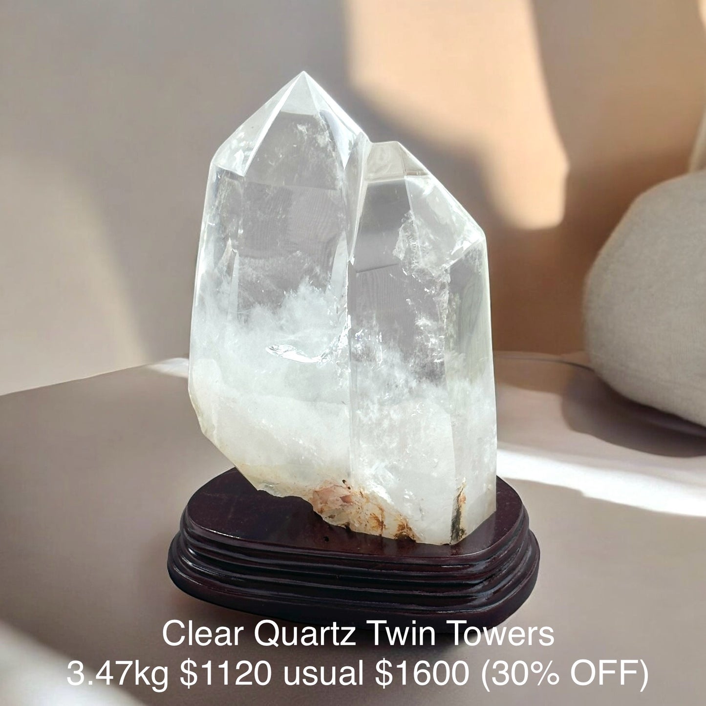 Clear Quartz Twin Towers with Stand, High Grade (30% OFF) Brazil