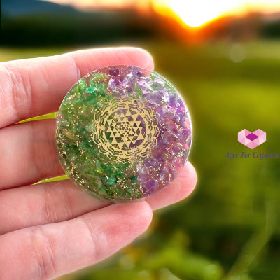 Amethyst & Aventurine Pocket Or Pendant Orgonite With Sri Yantra Symbol (Success Luck Happiness)