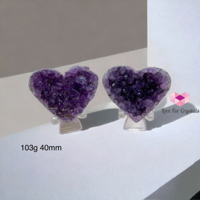 Amethyst Druse Twin Hearts With Stands (Uruguay) 103G 40Mm (Pair)