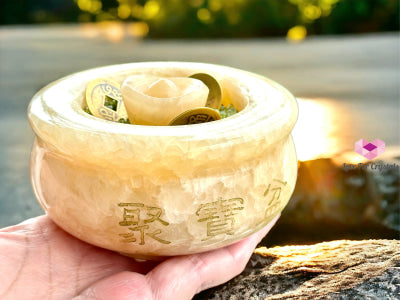 Attract Wealth Treasure Pot Golden Calcite With Free Peridot Chips Ingot & Coins (Feng Shui)