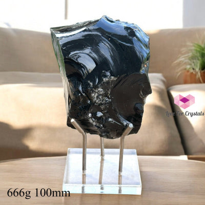 Black Obsidian Raw With Acrylic Stand (Large) Brazil (Special Price) Aaa Grade 666G 100Mm Crystal