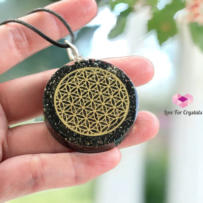 Black Tourmaline Orgonite Pendant With Flower Of Life Symbol (Protection & Shield) 40Mm Orgonites