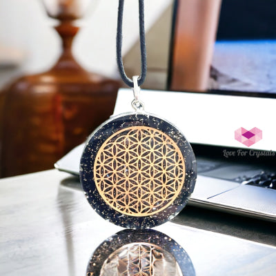 Black Tourmaline Orgonite Pendant With Flower Of Life Symbol (Protection & Shield) 40Mm Orgonites