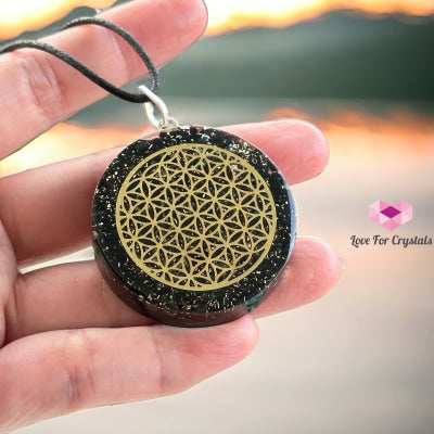 Black Tourmaline Orgonite Pendant With Flower Of Life Symbol (Protection & Shield) 40Mm Orgonites