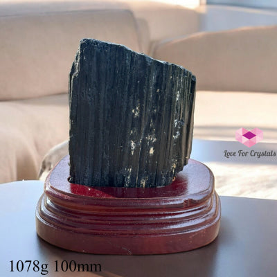 Black Tourmaline Raw With Wooden Stand (Large) Brazil Aaa Grade 1078G 100Mm Crystals