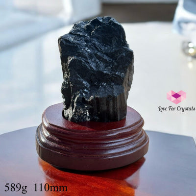 Black Tourmaline Raw With Wooden Stand (Large) Brazil Aaa Grade 589G 110Mm Crystals