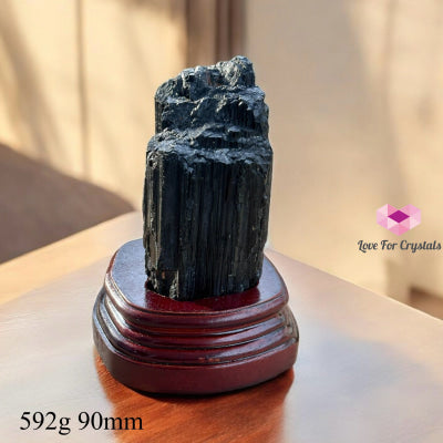 Black Tourmaline Raw With Wooden Stand (Large) Brazil Aaa Grade 592G 90Mm Crystals