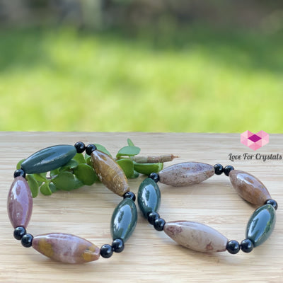 Bloodstone (Long Rice Shaped Beads) With Onyx Bracelet Bracelets