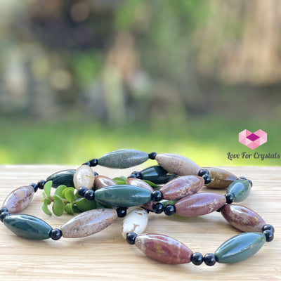 Bloodstone (Long Rice Shaped Beads) With Onyx Bracelet Bracelets