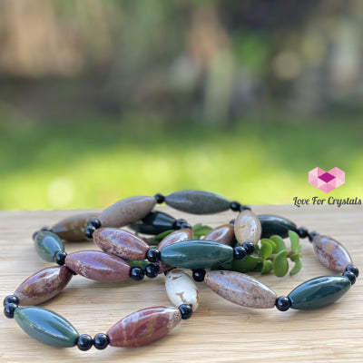 Bloodstone (Long Rice Shaped Beads) With Onyx Bracelet Bracelets