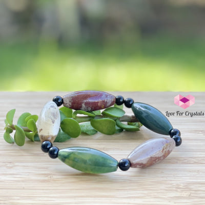 Bloodstone (Long Rice Shaped Beads) With Onyx Bracelet Bracelets