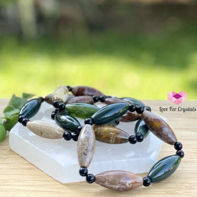 Bloodstone (Long Rice Shaped Beads) With Onyx Bracelet Bracelets