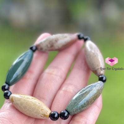 Bloodstone (Long Rice Shaped Beads) With Onyx Bracelet Bracelets