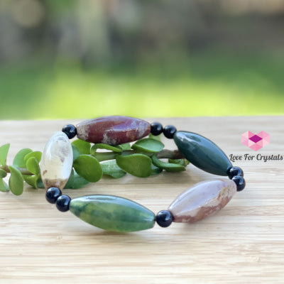 Bloodstone (Long Rice Shaped Beads) With Onyx Bracelet Bracelets