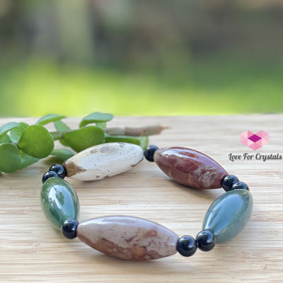 Bloodstone (Long Rice Shaped Beads) With Onyx Bracelet Size 5.5 Bracelets