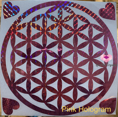 Flower Of Life/ Sri Yantra Vinyl Sticker 14.5Cm Life Pink Hologram With Hearts Metaphysical Tool