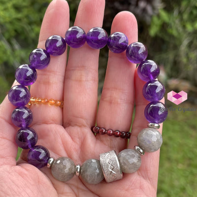 Focus Crystal Remedy Bracelet For Men (Premium Series) Amethyst Labradorite Stainless Steel Spacers