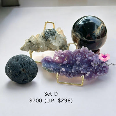 Manifestation Crystal Set (Blue Amber Sphere Pyrite In Quartz Grape Agate & Free Agni Manitite