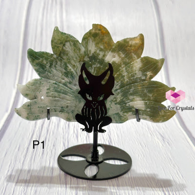 Nine-Tailed Fox Crystal Carving With Stand 11Cm Photo 1-Moss Agate