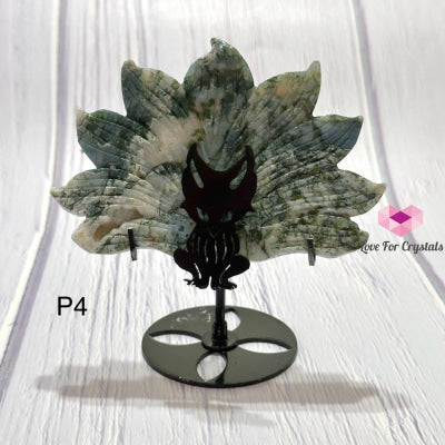 Nine-Tailed Fox Crystal Carving With Stand 11Cm Photo 4- Moss Agate