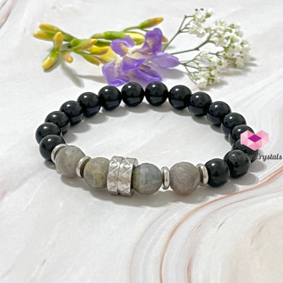 Protection Crystal Remedy Bracelet For Men (Premium Series) Black Tourmaline Labradorite Stainless