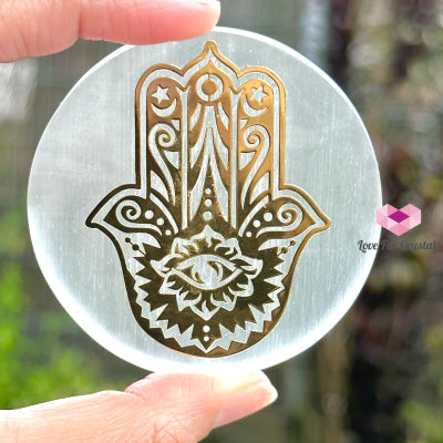 Selenite Sacred Geometry Charging/Cleansing Plate (60Mm) Hamsa Polished Crystals