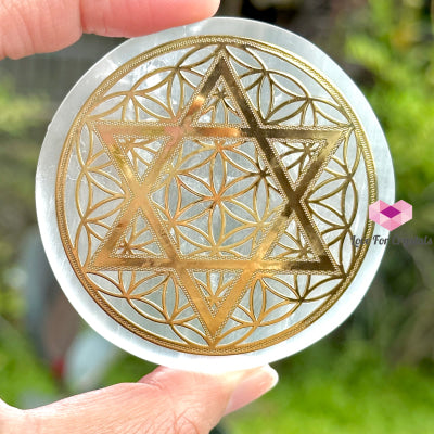 Selenite Sacred Geometry Charging/Cleansing Plate (60Mm) Pentagram/Flower Of Life Polished Crystals