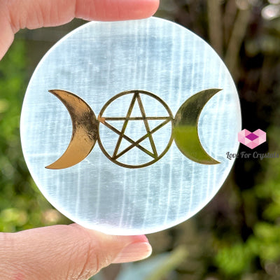 Selenite Sacred Geometry Charging/Cleansing Plate (60Mm) Triple Goddess Polished Crystals