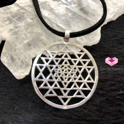 Sri Yantra Silver Pendant With Black Cord (925 Silver)(Sacred Symbol) Pendants & Necklaces