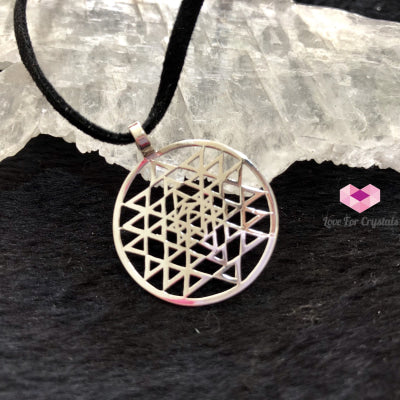 Sri Yantra Silver Pendant With Black Cord (925 Silver)(Sacred Symbol) Pendants & Necklaces