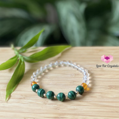 Success Bracelet (Malachite Clear Quartz Amber With 14K Gold Filled Beads) Audreys Crystal Remedy