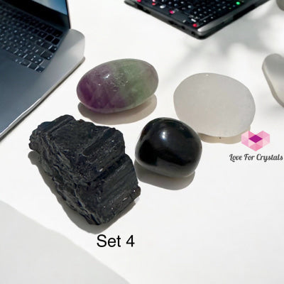 Tech Detox & Protection Crystal Set (Tourmaline Obsidian Selenite Fluorite) 4 Set