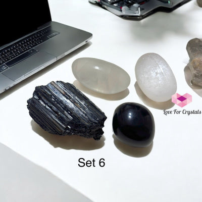 Tech Detox & Protection Crystal Set (Tourmaline Obsidian Selenite Fluorite) 6 Set